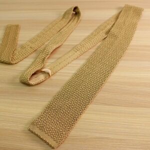 Skinny Slim Tie Mens Tan Beige Solid Wool Knit Flat Square End Textured Ivy Prep